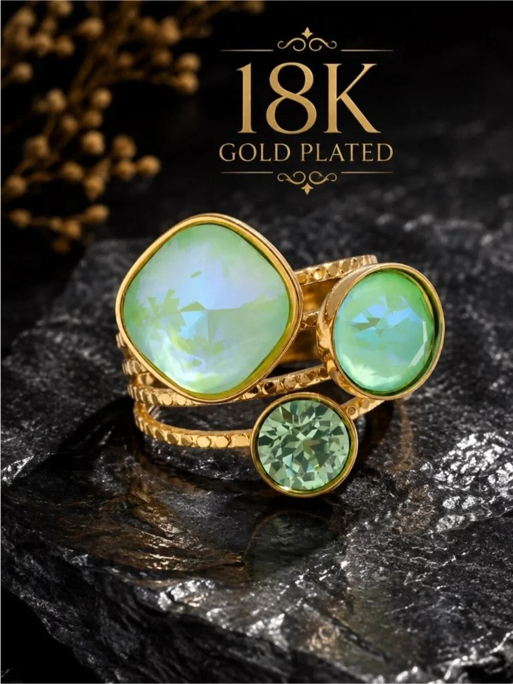 Gold Plated Ring with Lime Green and crystal Stones